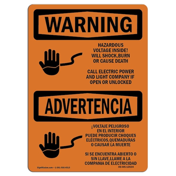 Safety Sign, OSHA WARNING, 18" Height, 24" Width, Hazardous Voltage Shock Burn Bilingual, Landscape